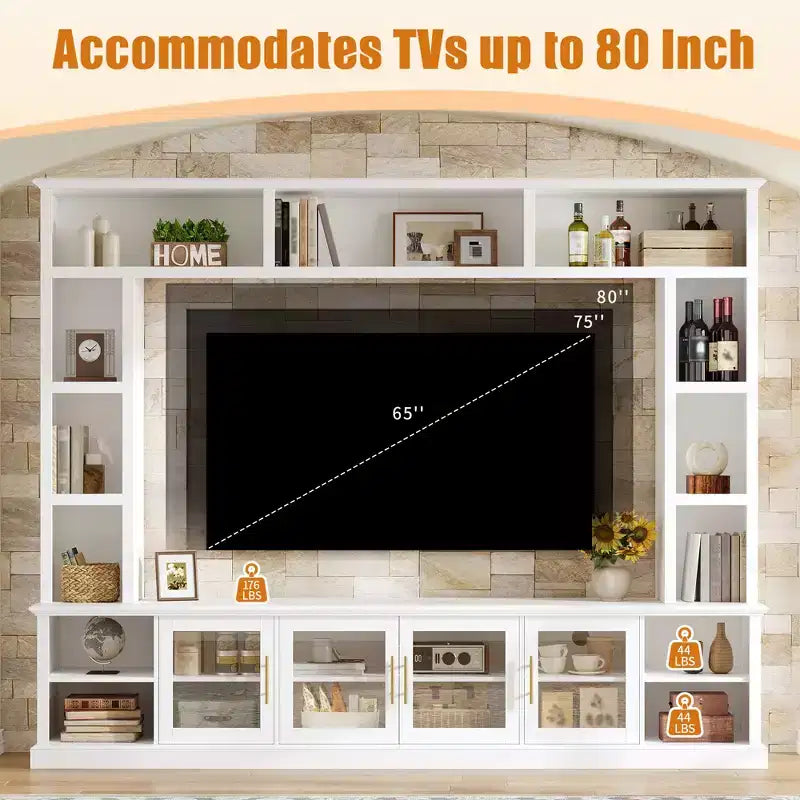 Wall Unit Entertainment Center with Bookshelf for TVs Up to 80, Large TV Stand Media Console Display Cabinet with Adjustable Shelves - ModernLuxe