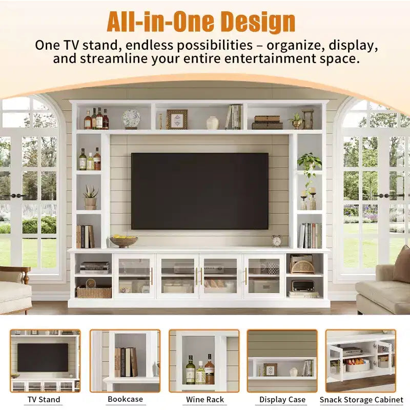 Wall Unit Entertainment Center with Bookshelf for TVs Up to 80, Large TV Stand Media Console Display Cabinet with Adjustable Shelves - ModernLuxe