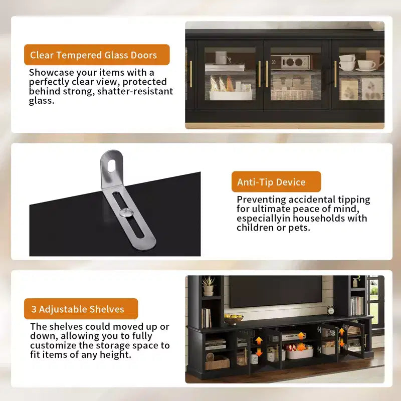 Wall Unit Entertainment Center with Bookshelf for TVs Up to 80, Large TV Stand Media Console Display Cabinet with Adjustable Shelves - ModernLuxe