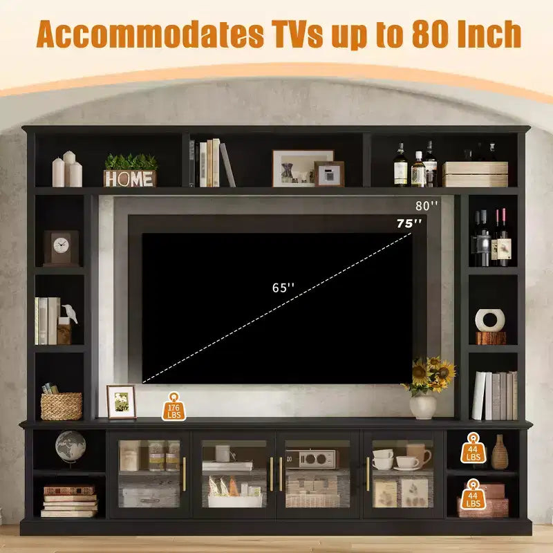 Wall Unit Entertainment Center with Bookshelf for TVs Up to 80, Large TV Stand Media Console Display Cabinet with Adjustable Shelves - ModernLuxe