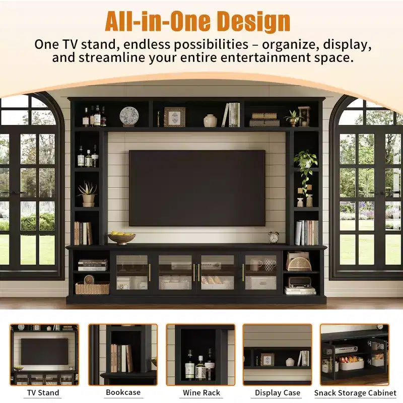 Wall Unit Entertainment Center with Bookshelf for TVs Up to 80, Large TV Stand Media Console Display Cabinet with Adjustable Shelves - ModernLuxe