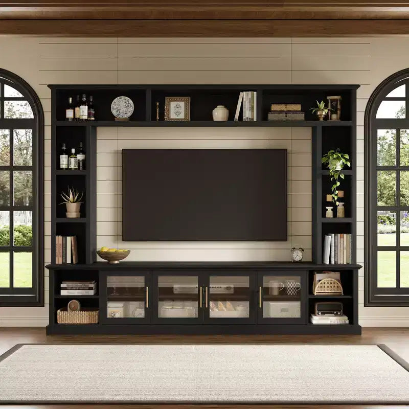 Wall Unit Entertainment Center with Bookshelf for TVs Up to 80, Large TV Stand Media Console Display Cabinet with Adjustable Shelves - ModernLuxe