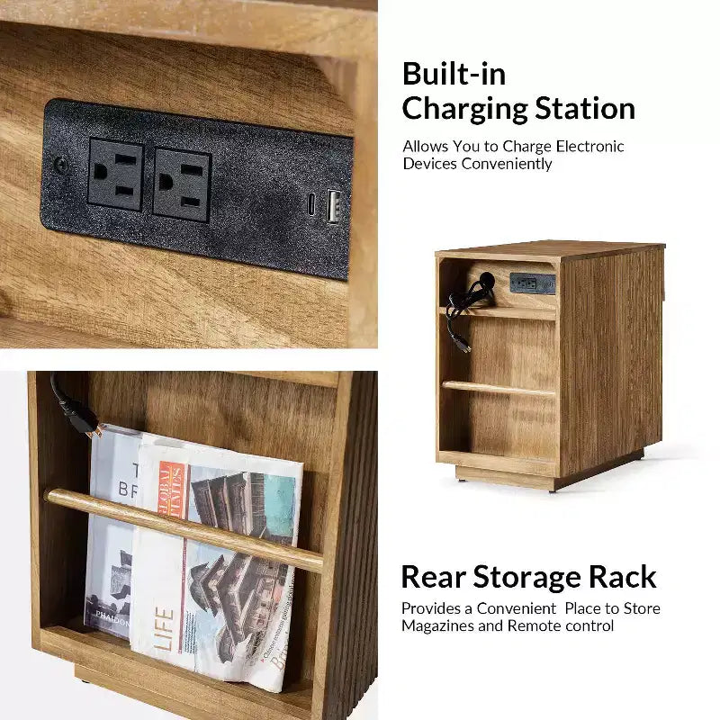 Meg 24 Tall 1-Drawer End Table Set of 2 with Built-In Charging Ports|HULALA HOME