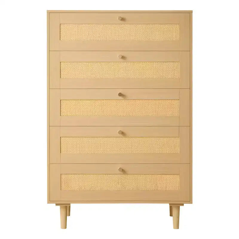 5-Drawer Rattan Dresser with Wooden Legs Natural Rattan Chest for Bedroom Living Room