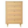 5-Drawer Rattan Dresser with Wooden Legs Natural Rattan Chest for Bedroom Living Room