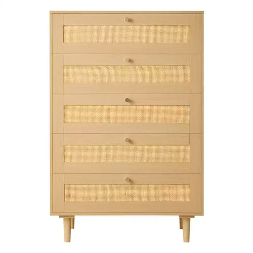 5-Drawer Rattan Dresser with Wooden Legs Natural Rattan Chest for Bedroom Living Room