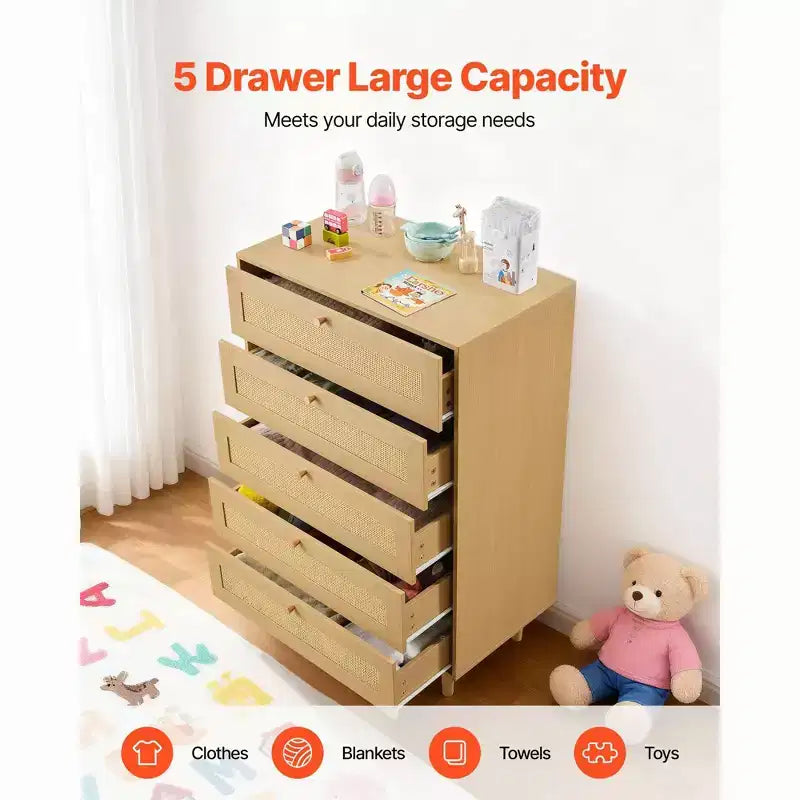 5-Drawer Rattan Dresser with Wooden Legs Natural Rattan Chest for Bedroom Living Room