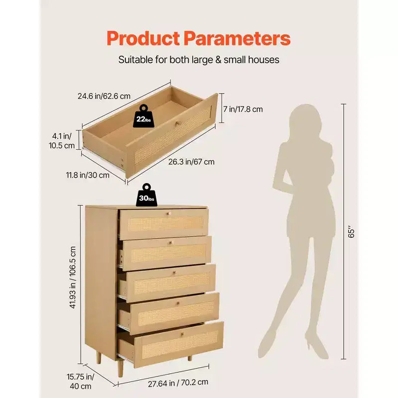 5-Drawer Rattan Dresser with Wooden Legs Natural Rattan Chest for Bedroom Living Room