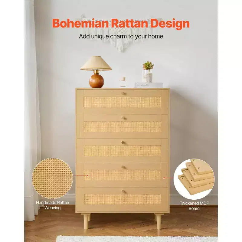 5-Drawer Rattan Dresser with Wooden Legs Natural Rattan Chest for Bedroom Living Room
