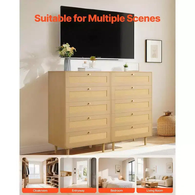 5-Drawer Rattan Dresser with Wooden Legs Natural Rattan Chest for Bedroom Living Room