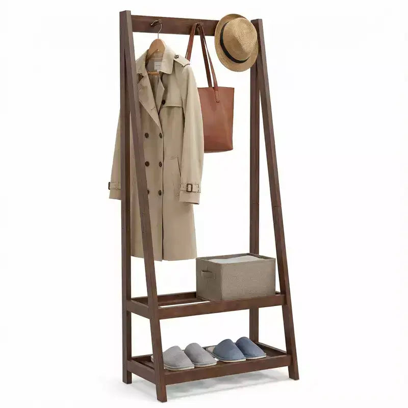 Costway Rubber Wood Garment Rack w/3 Hooks & 2 Shelves for Entryway Bedroom and Wardrobe