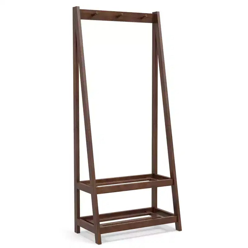 Costway Rubber Wood Garment Rack w/3 Hooks & 2 Shelves for Entryway Bedroom and Wardrobe