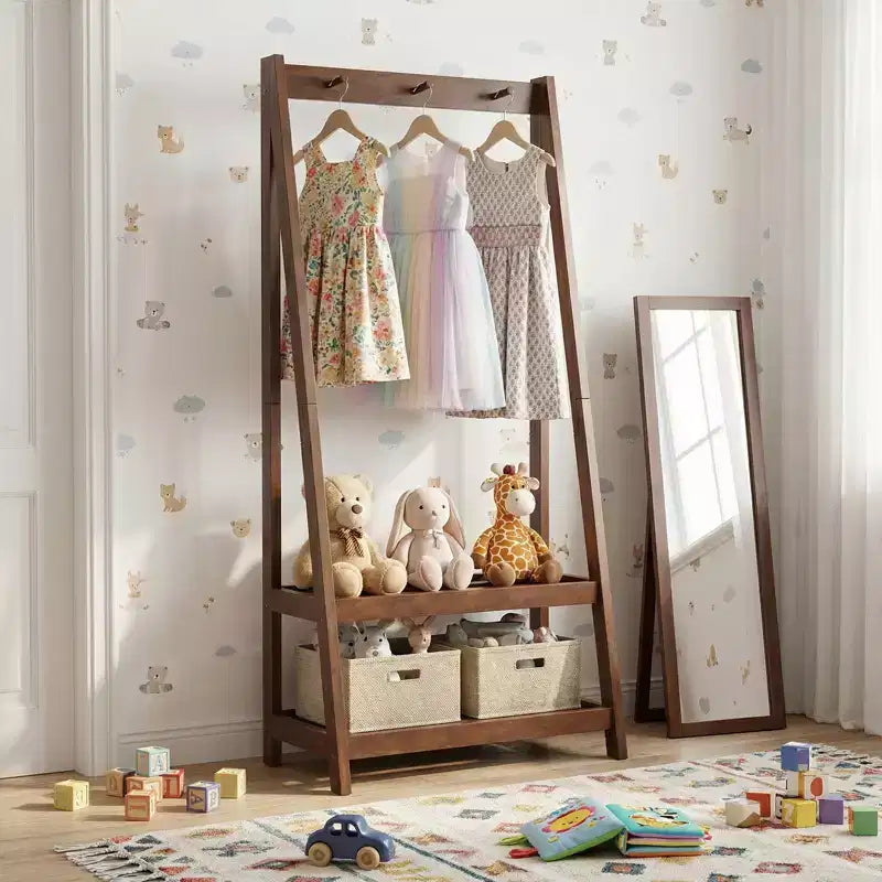Costway Rubber Wood Garment Rack w/3 Hooks & 2 Shelves for Entryway Bedroom and Wardrobe