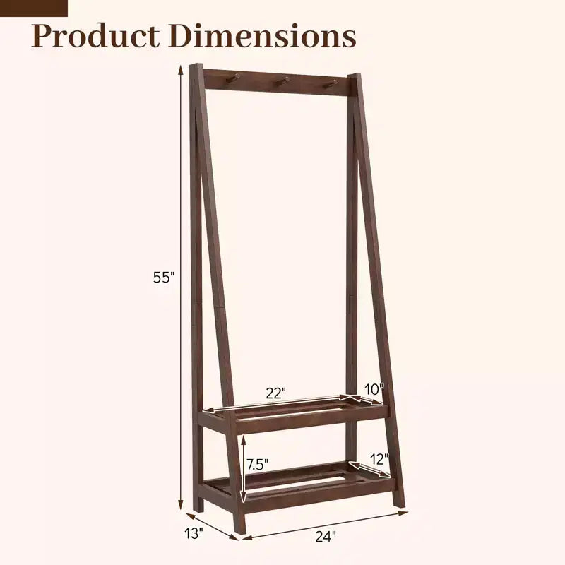 Costway Rubber Wood Garment Rack w/3 Hooks & 2 Shelves for Entryway Bedroom and Wardrobe