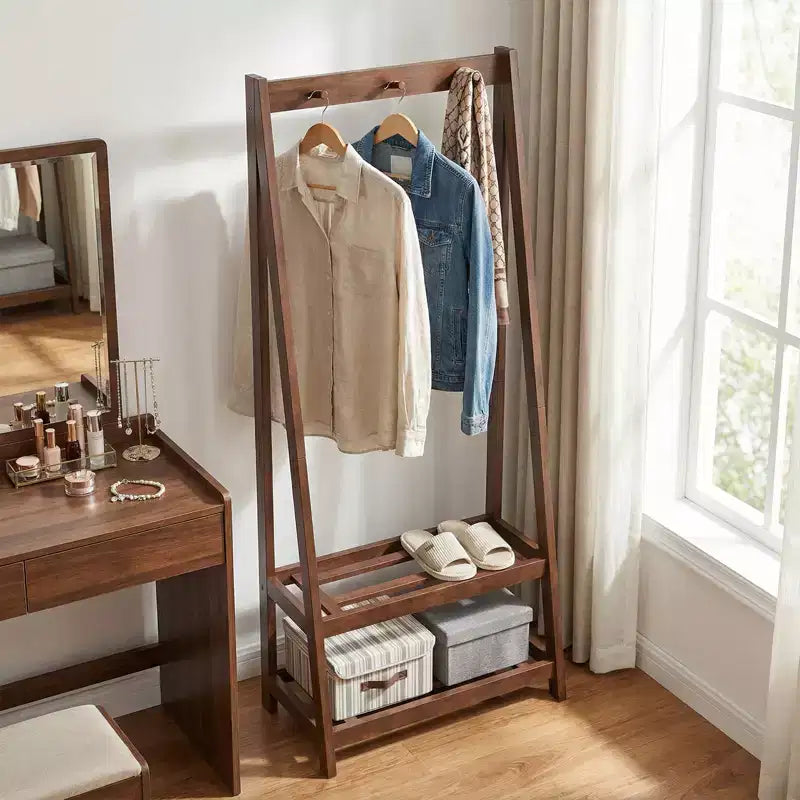 Costway Rubber Wood Garment Rack w/3 Hooks & 2 Shelves for Entryway Bedroom and Wardrobe