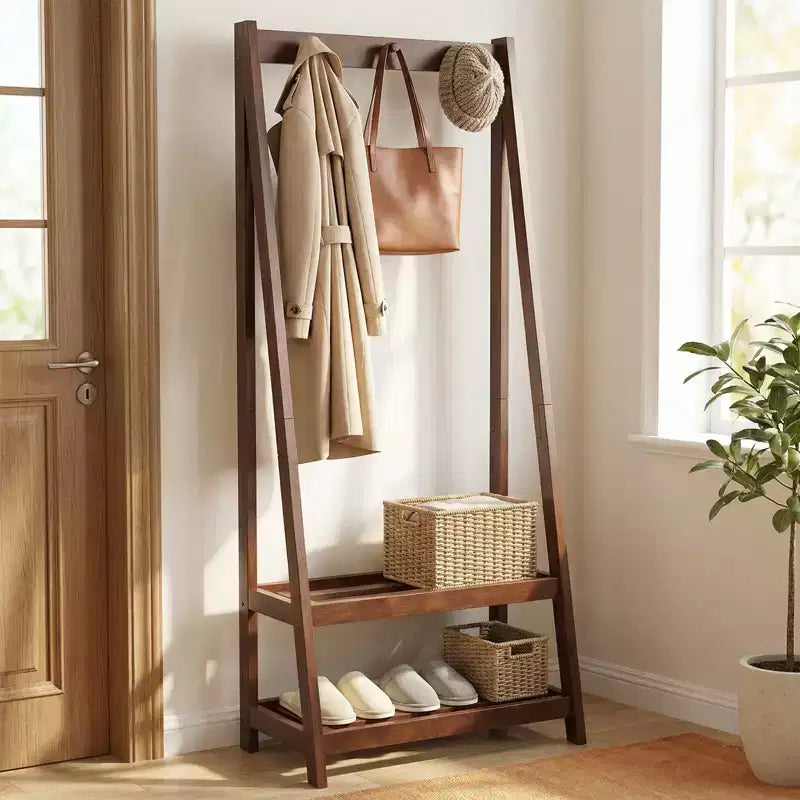 Costway Rubber Wood Garment Rack w/3 Hooks & 2 Shelves for Entryway Bedroom and Wardrobe