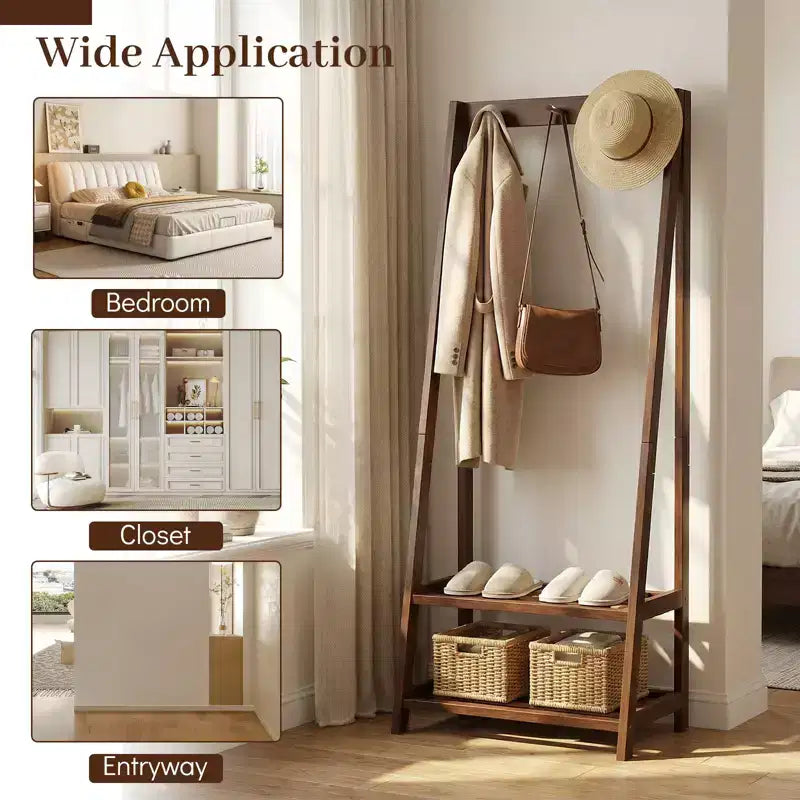 Costway Rubber Wood Garment Rack w/3 Hooks & 2 Shelves for Entryway Bedroom and Wardrobe