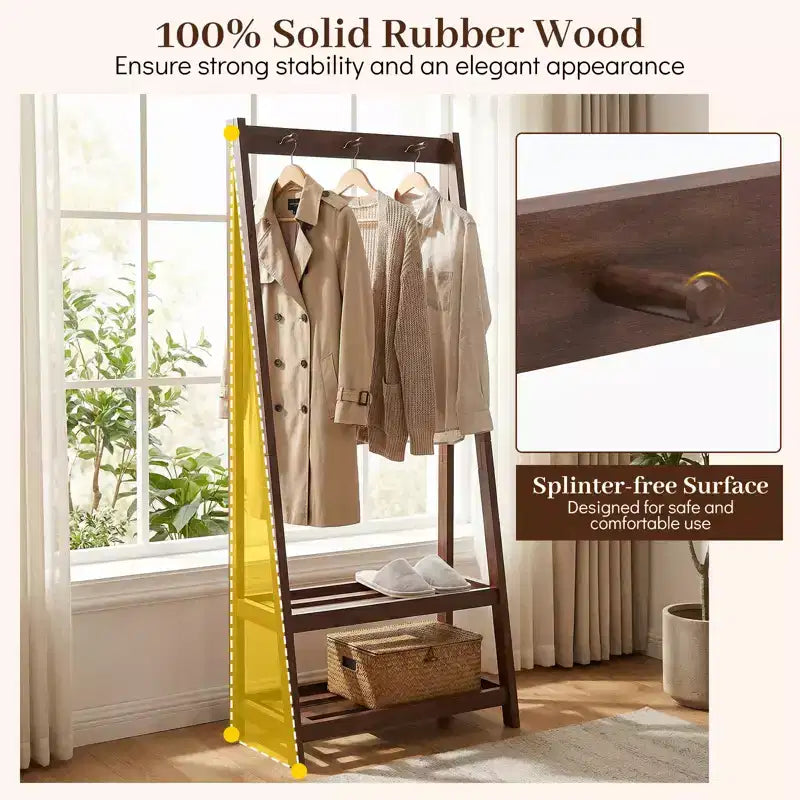 Costway Rubber Wood Garment Rack w/3 Hooks & 2 Shelves for Entryway Bedroom and Wardrobe