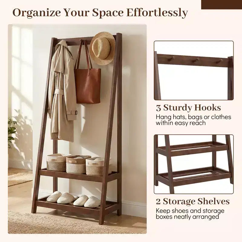 Costway Rubber Wood Garment Rack w/3 Hooks & 2 Shelves for Entryway Bedroom and Wardrobe