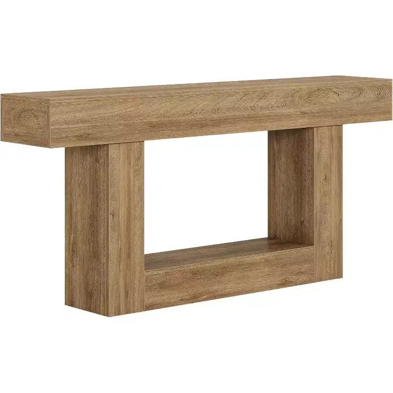 Lantine 63-Inch Console Table, Farmhouse 2-Tier Entryway Table with U-Shaped Base for Living Room, Hallway, Foyer, Light Brown