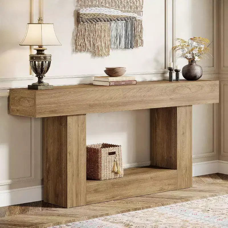 Lantine 63-Inch Console Table, Farmhouse 2-Tier Entryway Table with U-Shaped Base for Living Room, Hallway, Foyer, Light Brown