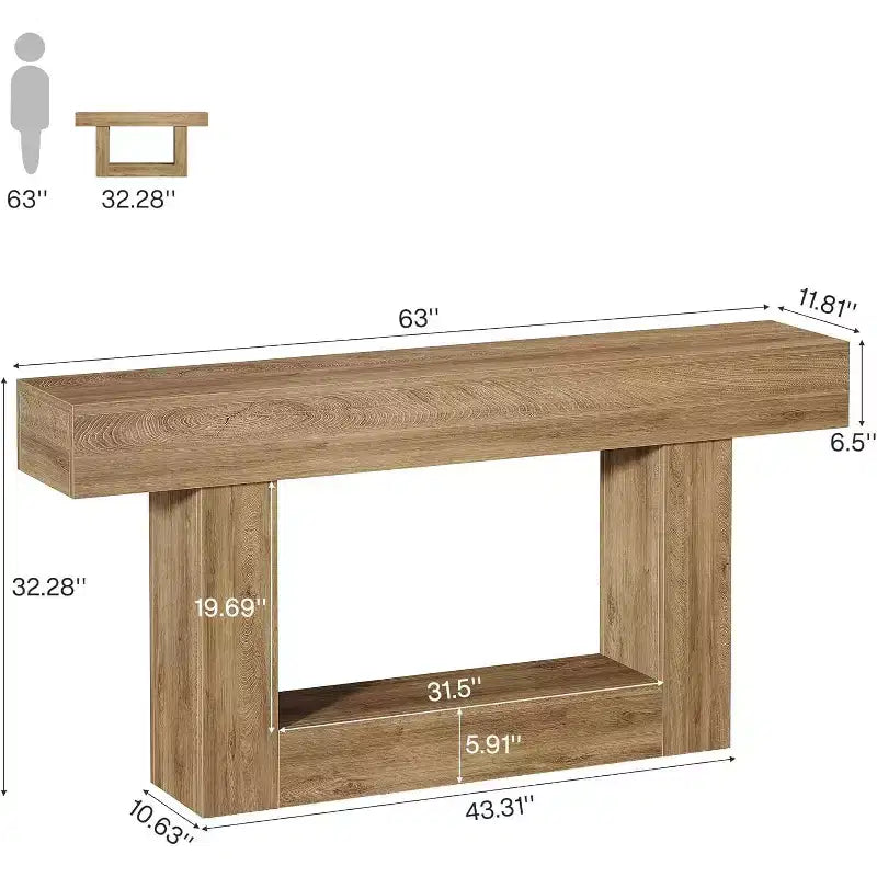 Lantine 63-Inch Console Table, Farmhouse 2-Tier Entryway Table with U-Shaped Base for Living Room, Hallway, Foyer, Light Brown