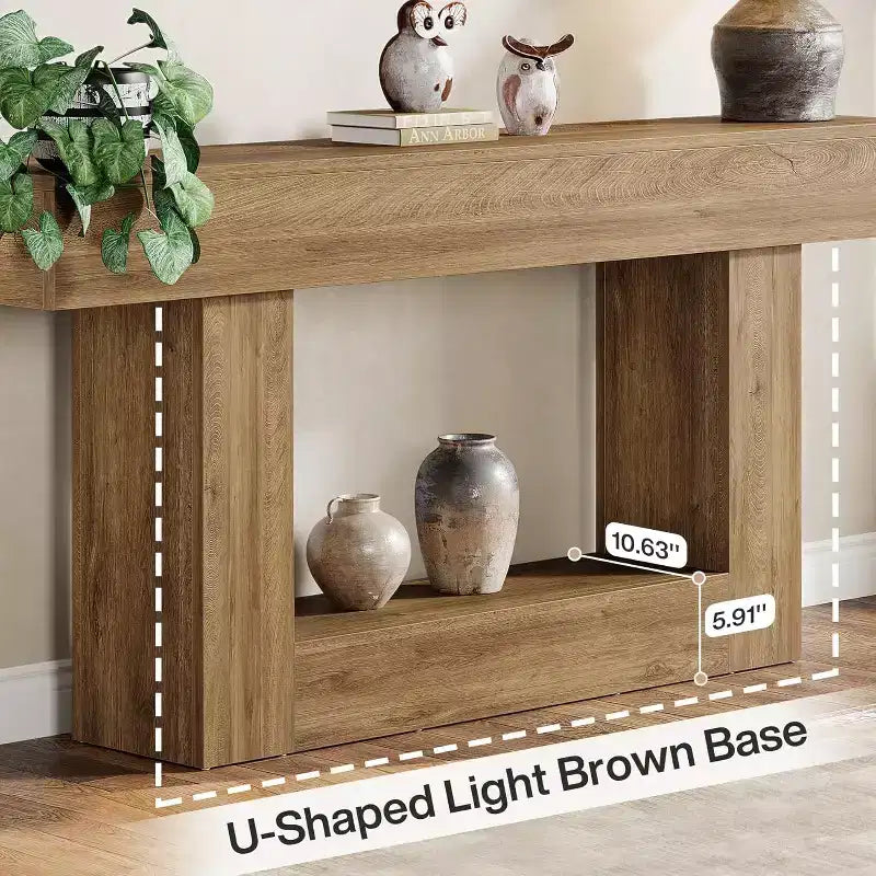 Lantine 63-Inch Console Table, Farmhouse 2-Tier Entryway Table with U-Shaped Base for Living Room, Hallway, Foyer, Light Brown