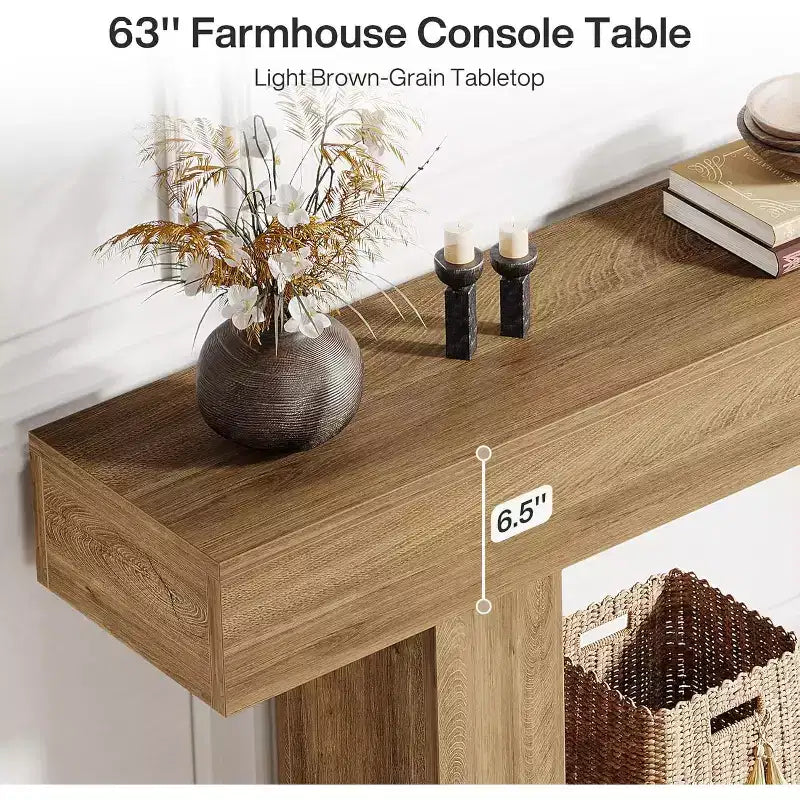 Lantine 63-Inch Console Table, Farmhouse 2-Tier Entryway Table with U-Shaped Base for Living Room, Hallway, Foyer, Light Brown