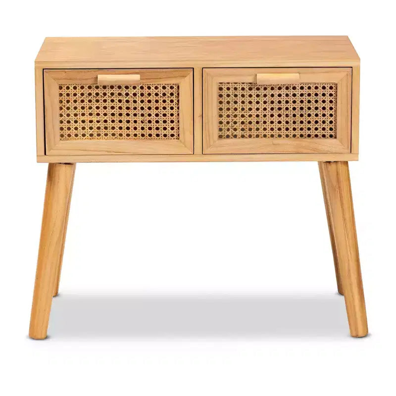 Falan Wood with Rattan 2 Drawer Console Table Oak Brown - Baxton Studio