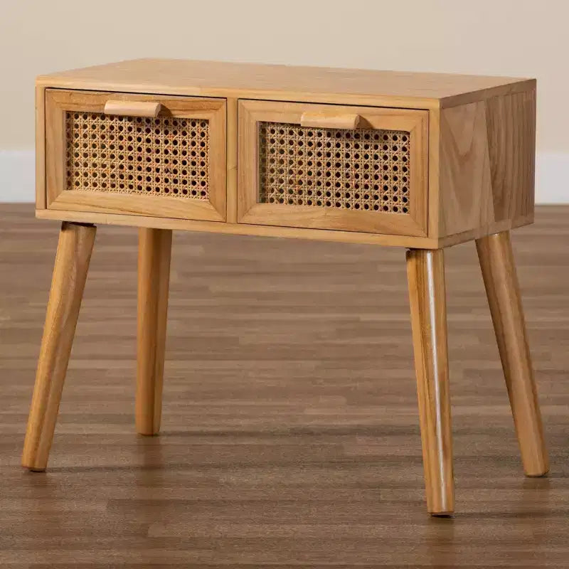 Falan Wood with Rattan 2 Drawer Console Table Oak Brown - Baxton Studio