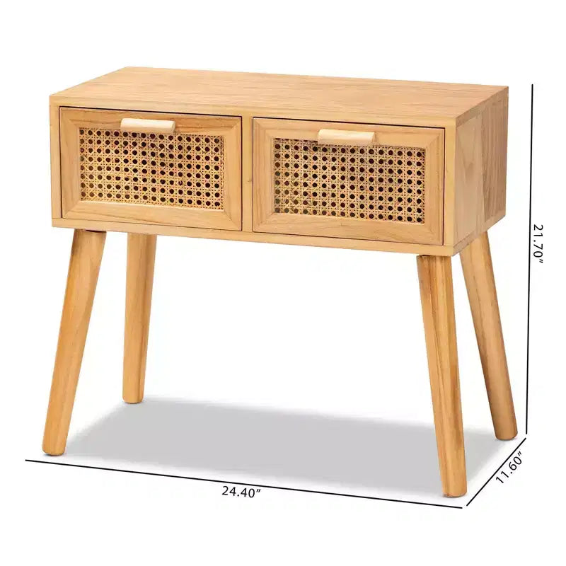 Falan Wood with Rattan 2 Drawer Console Table Oak Brown - Baxton Studio