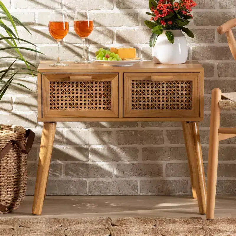 Falan Wood with Rattan 2 Drawer Console Table Oak Brown - Baxton Studio