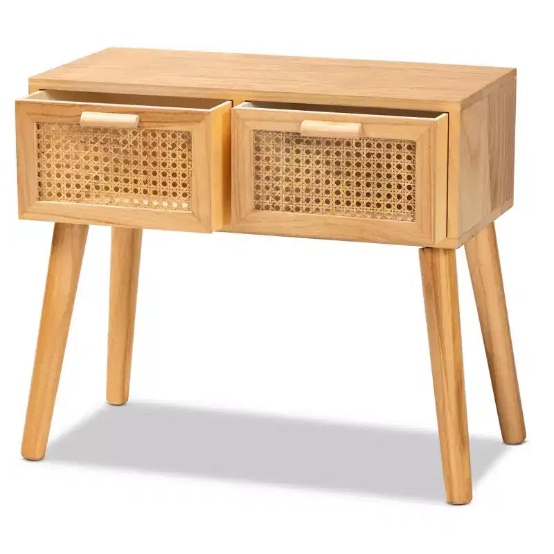 Falan Wood with Rattan 2 Drawer Console Table Oak Brown - Baxton Studio