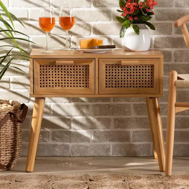 Falan Wood with Rattan 2 Drawer Console Table Oak Brown - Baxton Studio