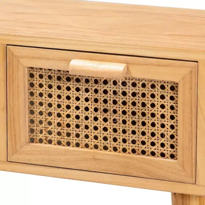Falan Wood with Rattan 2 Drawer Console Table Oak Brown - Baxton Studio