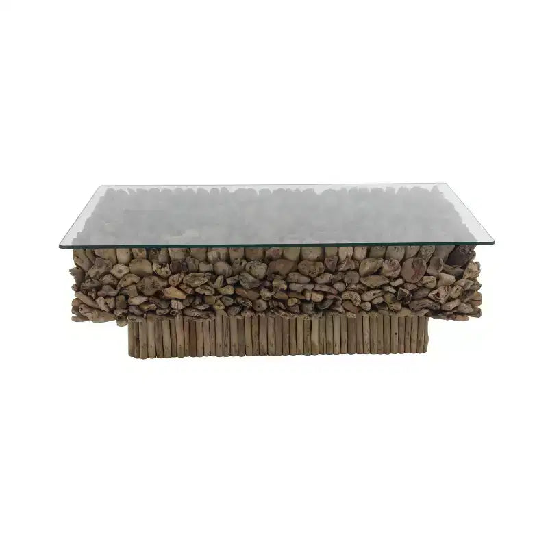 Rectangular Contemporary Driftwood Coffee Table Brown - Olivia & May: Handmade, No Assembly, Glass Top
