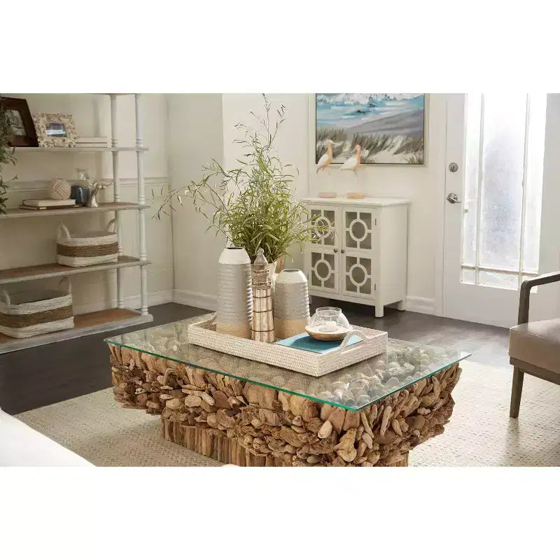 Rectangular Contemporary Driftwood Coffee Table Brown - Olivia & May: Handmade, No Assembly, Glass Top