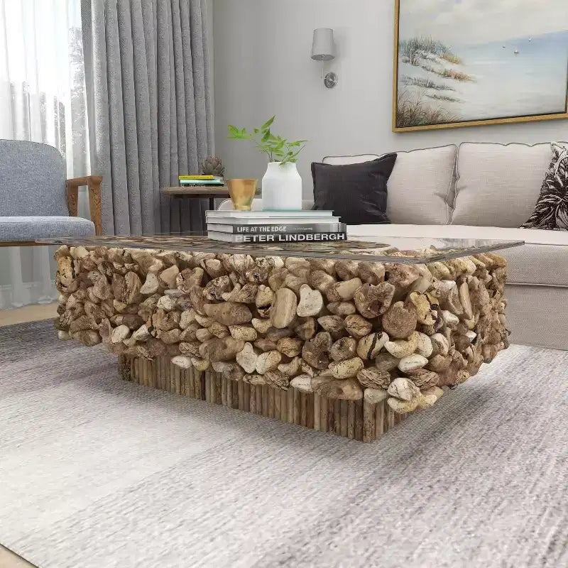Rectangular Contemporary Driftwood Coffee Table Brown - Olivia & May: Handmade, No Assembly, Glass Top