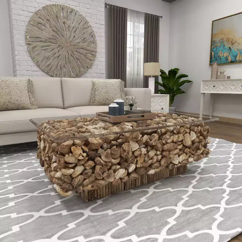 Rectangular Contemporary Driftwood Coffee Table Brown - Olivia & May: Handmade, No Assembly, Glass Top