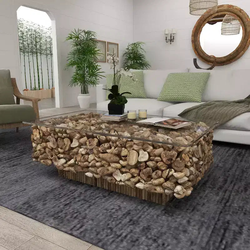 Rectangular Contemporary Driftwood Coffee Table Brown - Olivia & May: Handmade, No Assembly, Glass Top