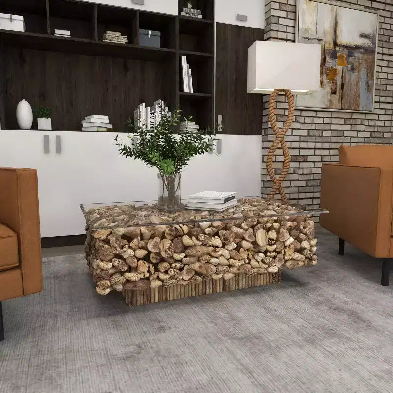 Rectangular Contemporary Driftwood Coffee Table Brown - Olivia & May: Handmade, No Assembly, Glass Top