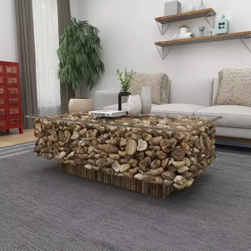 Rectangular Contemporary Driftwood Coffee Table Brown - Olivia & May: Handmade, No Assembly, Glass Top
