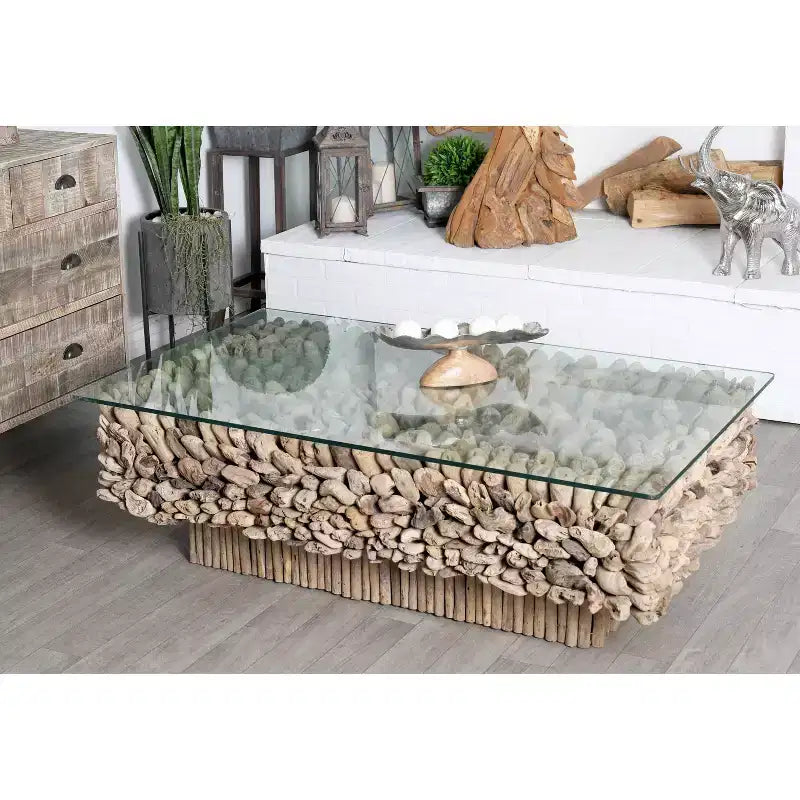 Rectangular Contemporary Driftwood Coffee Table Brown - Olivia & May: Handmade, No Assembly, Glass Top