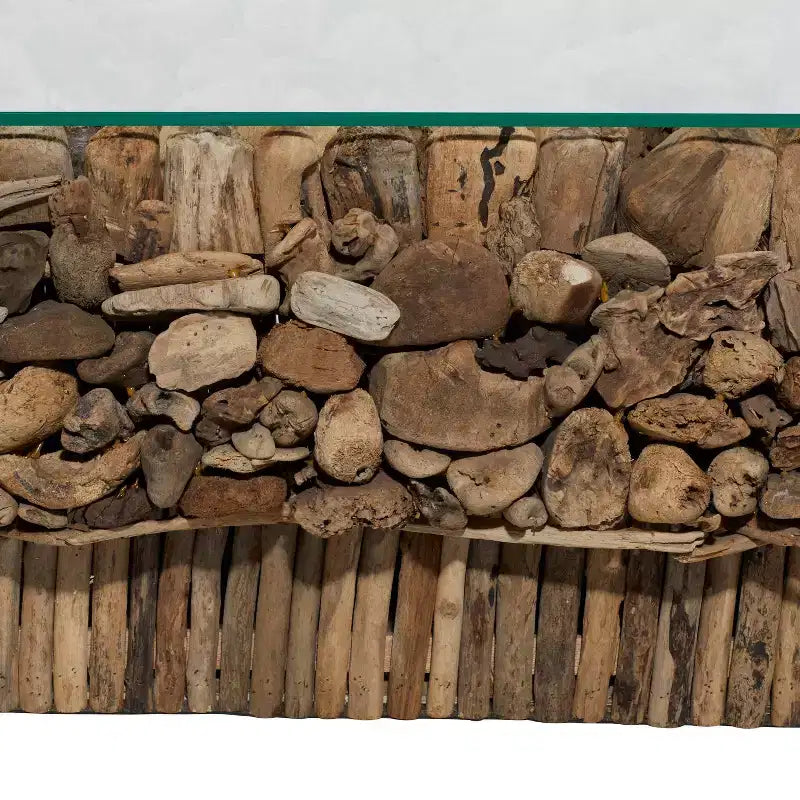 Rectangular Contemporary Driftwood Coffee Table Brown - Olivia & May: Handmade, No Assembly, Glass Top
