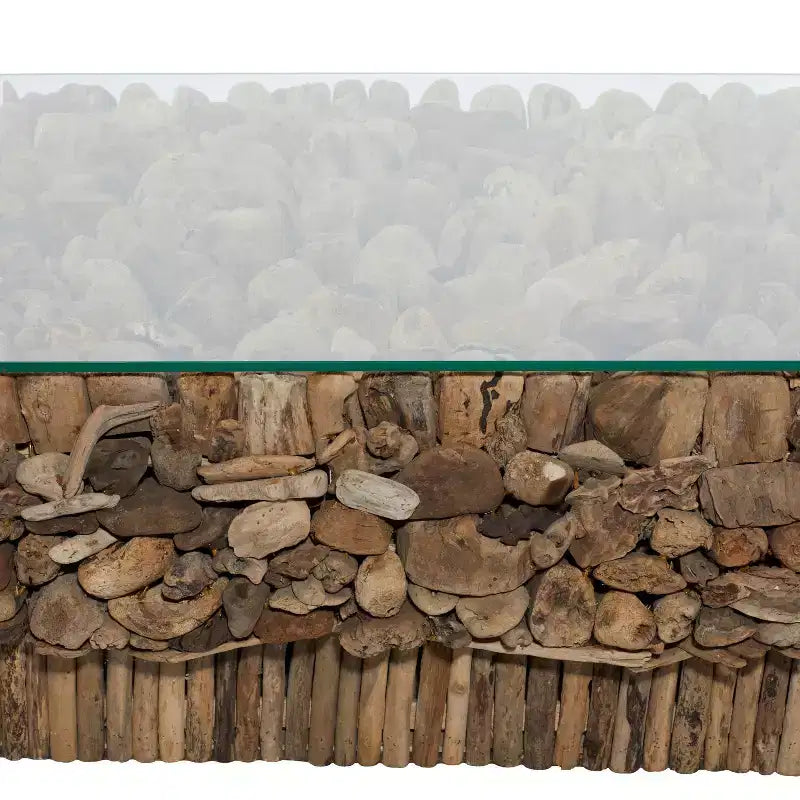 Rectangular Contemporary Driftwood Coffee Table Brown - Olivia & May: Handmade, No Assembly, Glass Top