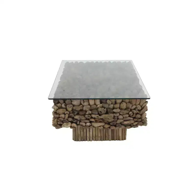 Rectangular Contemporary Driftwood Coffee Table Brown - Olivia & May: Handmade, No Assembly, Glass Top