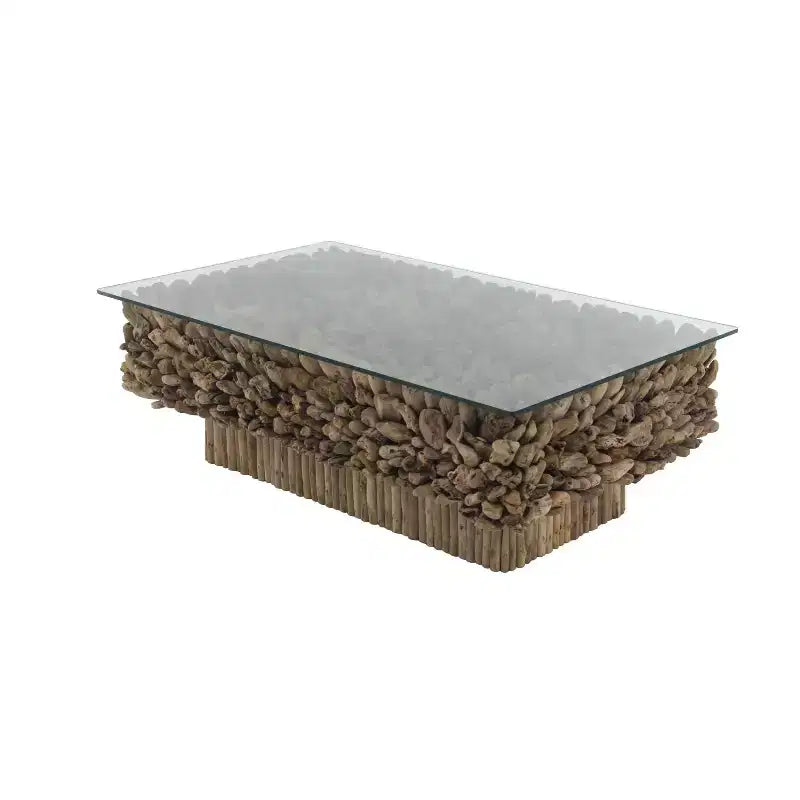 Rectangular Contemporary Driftwood Coffee Table Brown - Olivia & May: Handmade, No Assembly, Glass Top