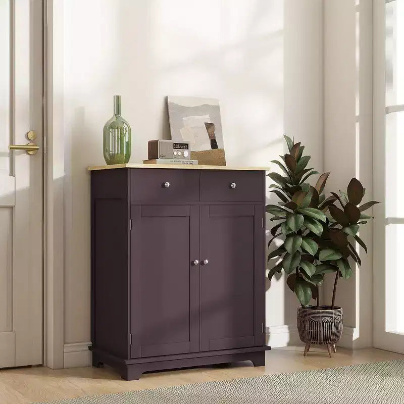 HOMCOM Kitchen Storage Cabinet, Sideboard Floor Cupboard with Solid Wood Top, Adjustable Shelf, and 2 Drawers for Living Room