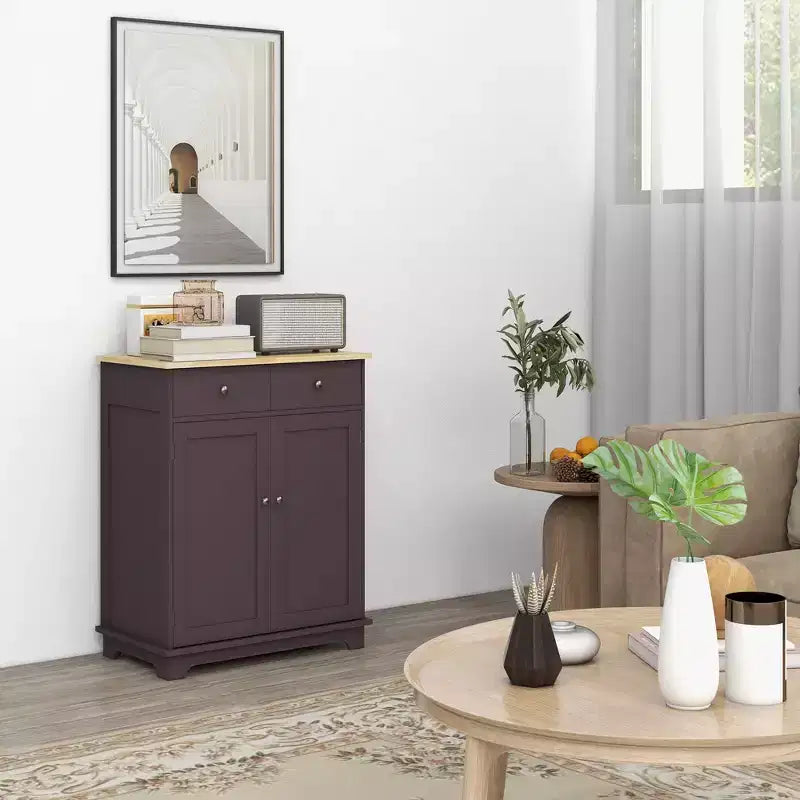 HOMCOM Kitchen Storage Cabinet, Sideboard Floor Cupboard with Solid Wood Top, Adjustable Shelf, and 2 Drawers for Living Room