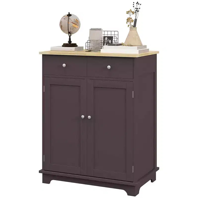HOMCOM Kitchen Storage Cabinet, Sideboard Floor Cupboard with Solid Wood Top, Adjustable Shelf, and 2 Drawers for Living Room